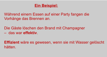 Ein Beispiel:	  Während einem Essen auf einer Party fangen die  Vorhänge das Brennen an.  			 Die Gäste löschen den Brand mit Champagner   –  das war effektiv.  Effizient wäre es gewesen, wenn sie mit Wasser gelöscht  hätten.